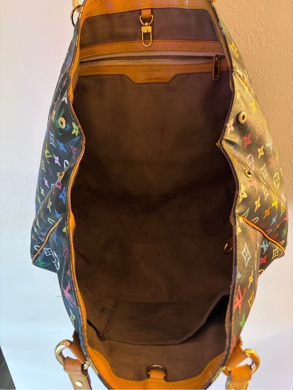 Multicolor Monogram Tote Bag with Tan Leather Straps - Picture 4 of 6